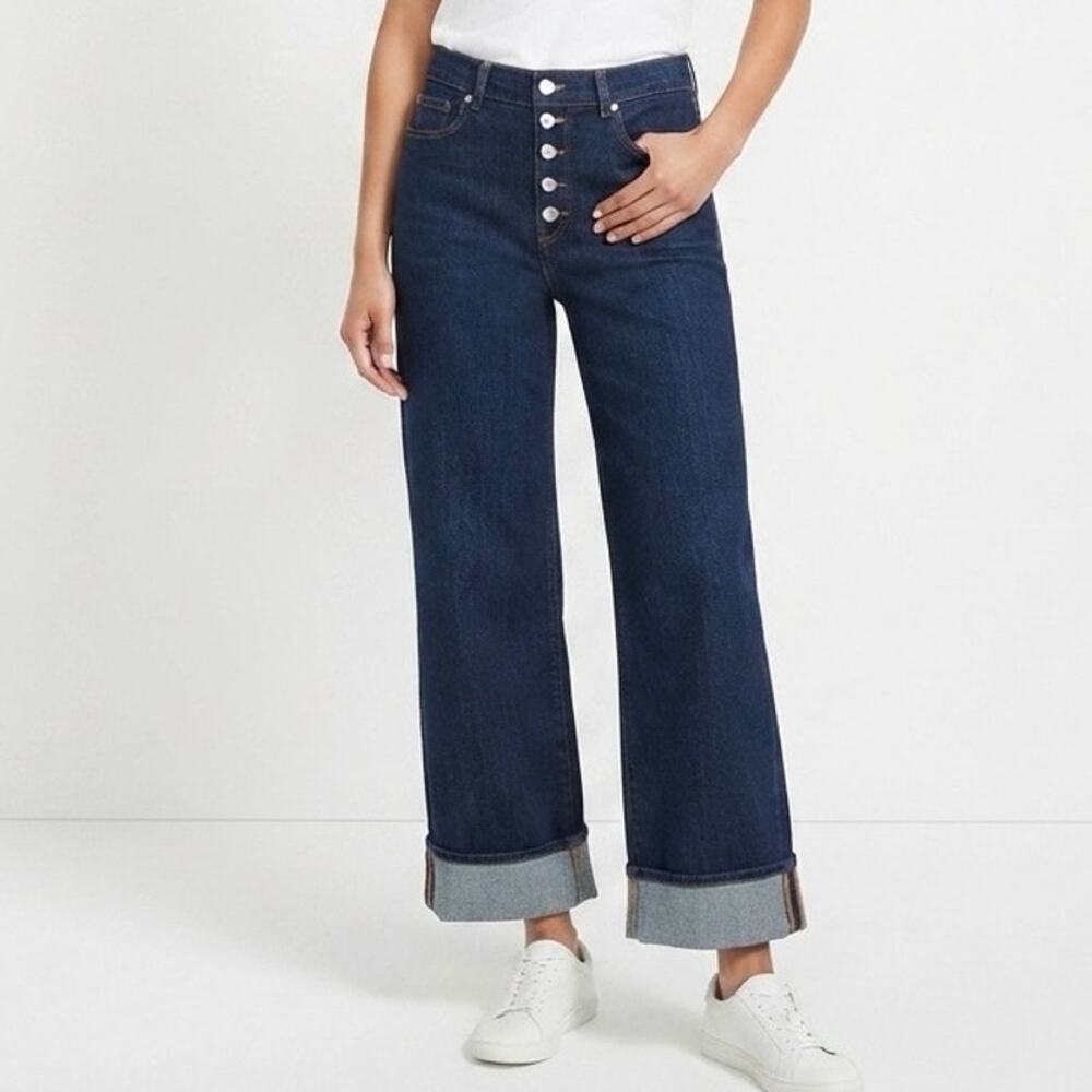 Made & Loved LOFT Wide Leg Button Fly Jeans Dark Wash Denim High Rise Size 29/8